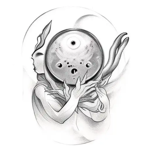 A whimsical tattoo of a mother figure reaching out to touch a god-like alien creature tattoo design idea