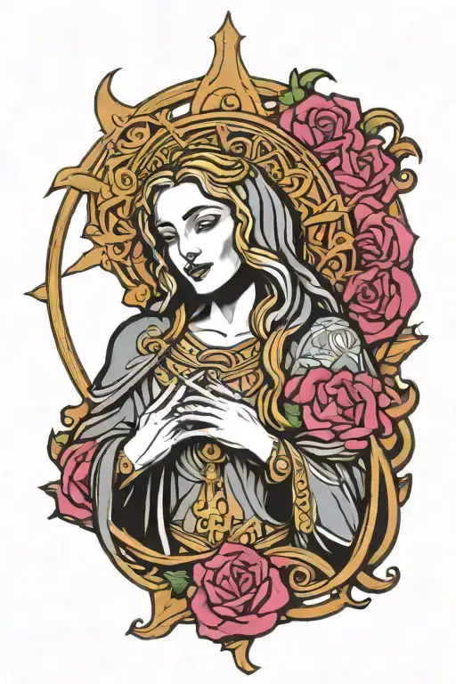 madonna lourdes faith love honesty health' encircling tattoo design idea