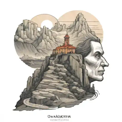 la noche de San Juan perfil de la montaña de Montserrat  desde collbato con hoguera nocherodeada de diablas y una pareja tattoo design idea