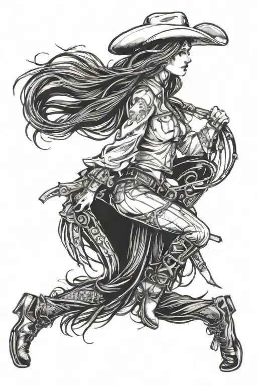 cowgirl with long hair tattoo design idea