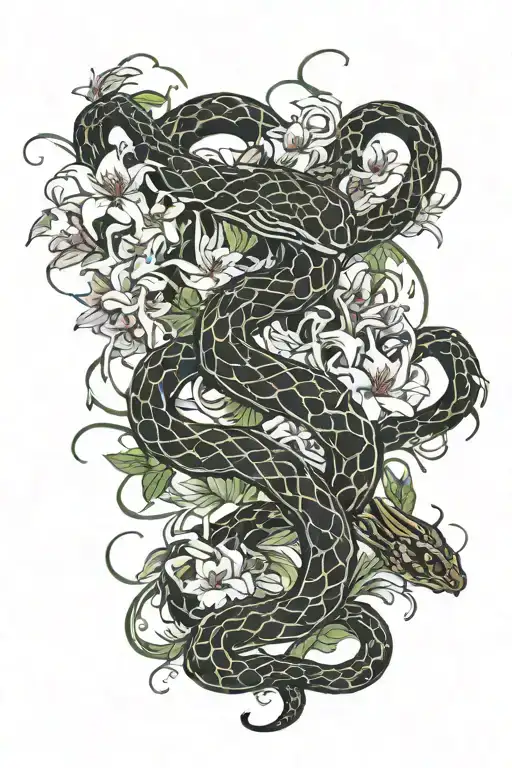 spider lilies, snakes, cherry blossoms, swirling flow tattoo design idea