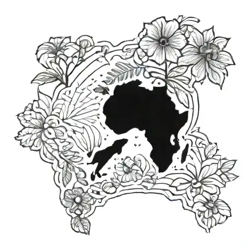 An intricate map of Africa with the island of Guadeloupe inside, featuring a silhouette of a woman, a raccoon, and a hibiscus flower tattoo design idea