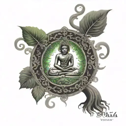 Bodhi tree with green Tara mantra written in Sanskrit tattoo design idea