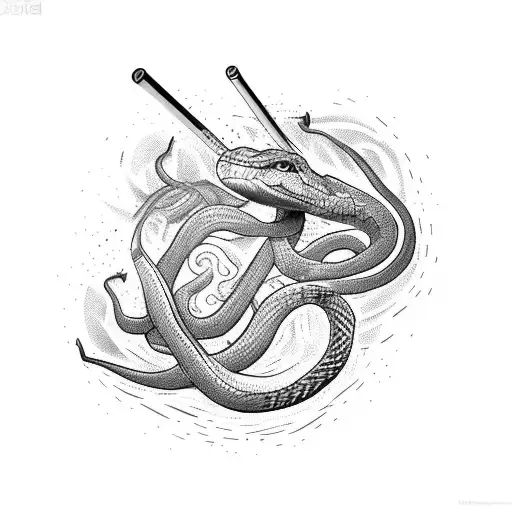A creative design of a hockey stick turning into a snake made of pipes tattoo design idea