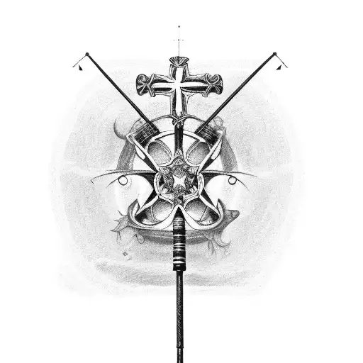 A cross made of a fishing pole and shotgun tattoo design idea