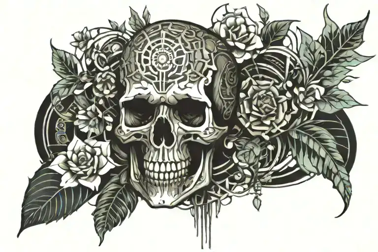 3d,skull,flowers, leaves, vein patterns, detail tattoo design idea