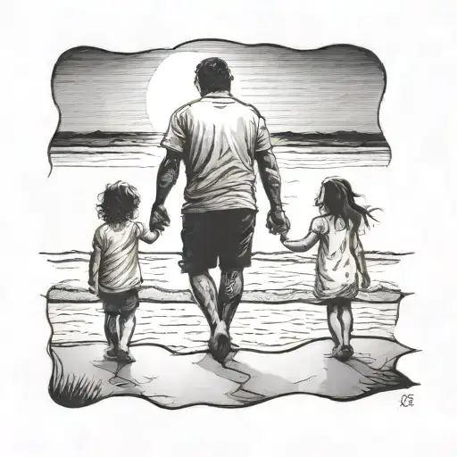 dad, holding a young boys hand on the right and a young girls hand on the left walking along a beach towards a sunset tattoo design idea