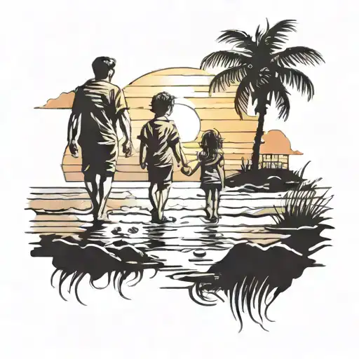 Single dad and 2 kids. 1 boy and 1 girl walking in to a sunset along a beach tattoo design idea