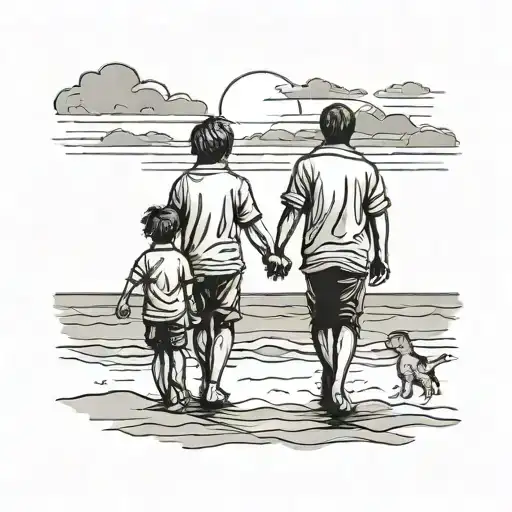 dad, 7 year old boy and 5 year old holding hands and walking along a beach towards a sunset tattoo design idea
