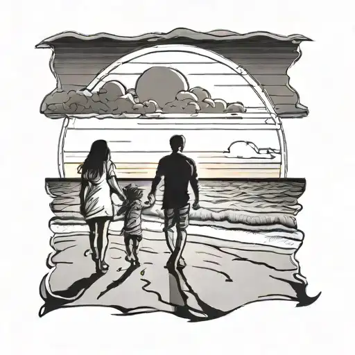 dad, holding a young boys hand on the right and a young girls hand on the left walking along a beach towards a sunset tattoo design idea