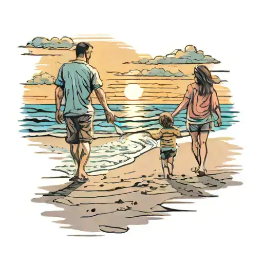 dad, holding a young boys hand on the right and a young girls hand on the left walking along a beach towards a sunset tattoo design idea