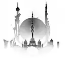 A dark city where there are Milad Tower, Eiffel Tower, Pizza Tower, Burj Al Arab, with the background of the moon and th tattoo design idea