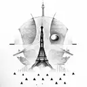 A dark city where there are Milad Tower, Eiffel Tower, Pizza Tower, Burj Al Arab, with the background of the moon and th tattoo design idea