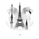 A dark city where there are Milad Tower, Eiffel Tower, Pizza Tower, Burj Al Arab, with the background of the moon and th tattoo design idea