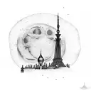 A dark city where there are Milad Tower, Eiffel Tower, Pizza Tower, Burj Al Arab, with the background of the moon and th tattoo design idea