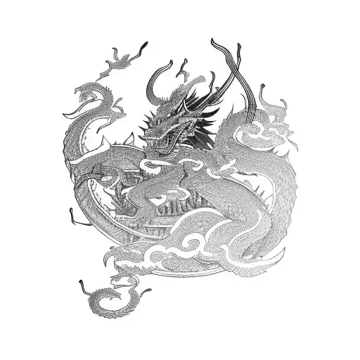 A samurai warrior battling a dragon amidst a cherry blossom garden tattoo design idea
