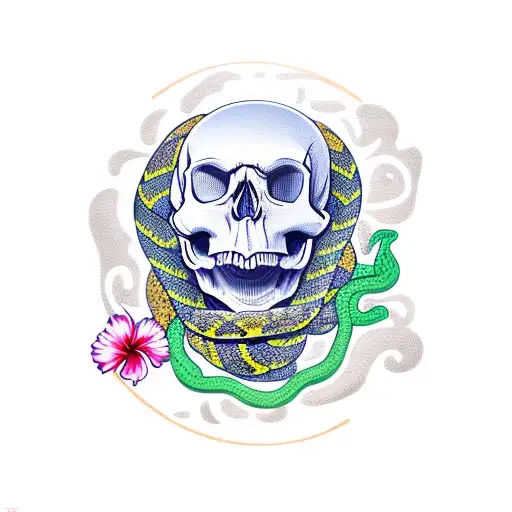 skull with snake coming out of the head, surrounded by Hawaiian flowers, palm leaves, waves, sun tattoo design idea