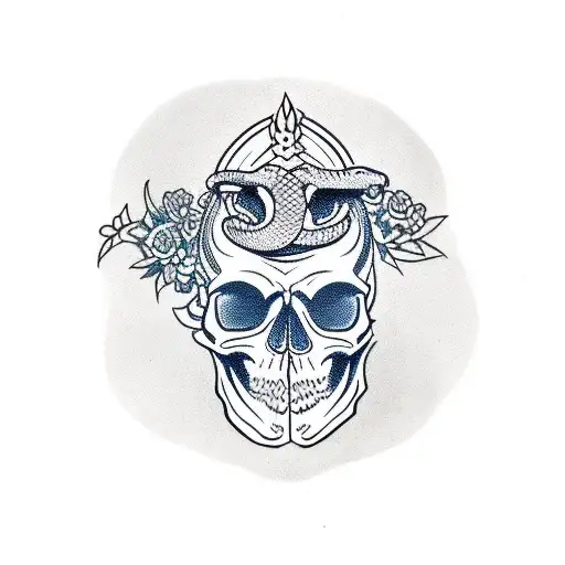 skull with snake coming out of the head, surrounded by Hawaiian flowers, palm leaves, waves, sun tattoo design idea