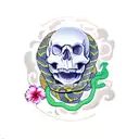 skull with snake coming out of the head, surrounded by Hawaiian flowers, palm leaves, waves, sun tattoo design idea