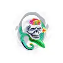 skull with snake coming out of the head, surrounded by Hawaiian flowers, palm leaves, waves, sun tattoo design idea