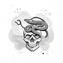 skull with snake coming out of the head, surrounded by Hawaiian flowers, palm leaves, waves, sun tattoo design idea