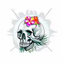 skull with snake coming out of the head, surrounded by Hawaiian flowers, palm leaves, waves, sun tattoo design idea