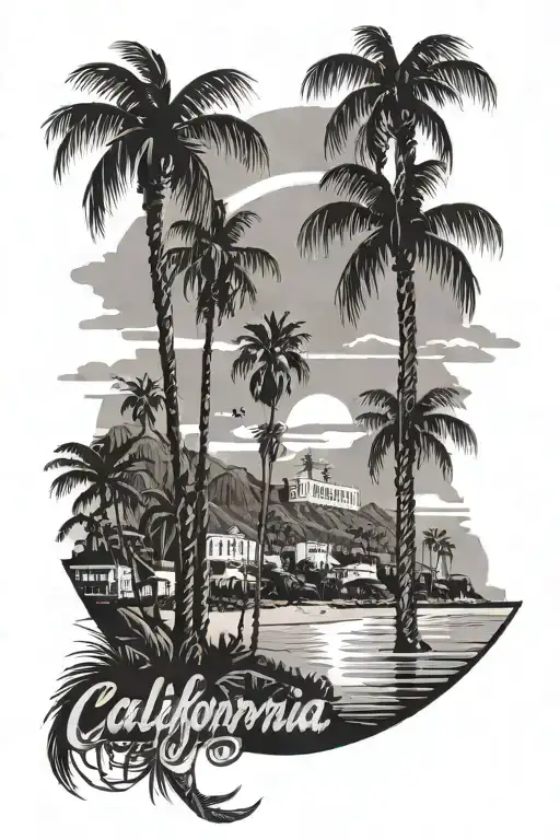 California beach scene with palm trees with the Hollywood sign with Santa Monica pier tattoo design idea