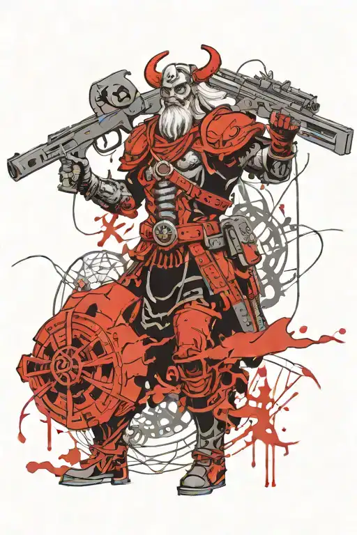Storm, skulls, drakkar, dwarf-viking, armed with a plasma shotgun, Odin's crows, Adeptus Mechanicus symbol, anchors tattoo design idea