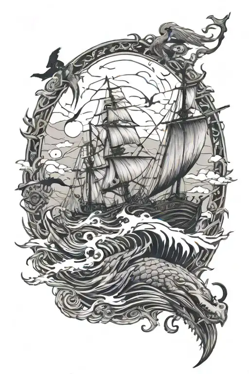 Drakkar in the ocean during storm, with Viking, Hugin and Munin, Great sea snake, Adeptus Mechanicus, crows tattoo design idea