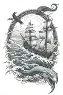 Drakkar in the ocean during storm, with Viking, Hugin and Munin, Great sea snake, Adeptus Mechanicus, crows tattoo design idea