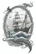 Drakkar in the ocean during storm, with Viking, Hugin and Munin, Great sea snake, Adeptus Mechanicus, crows tattoo design idea