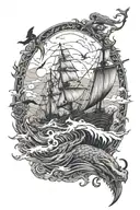 Drakkar in the ocean during storm, with Viking, Hugin and Munin, Great sea snake, Adeptus Mechanicus, crows tattoo design idea