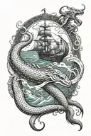 Drakkar in the ocean during storm, with Viking, Hugin and Munin, Great sea snake, Adeptus Mechanicus, crows tattoo design idea