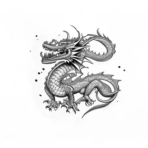 A dragon breathing fire in a video game world with hitman silhouettes in the background tattoo design idea