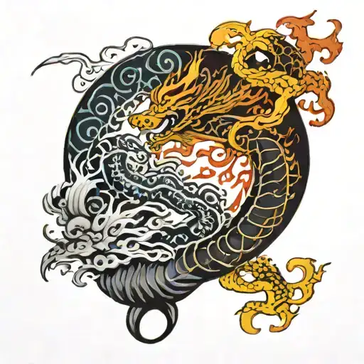 Chinese drand on the left and a Japanese dragon on the right and a yin  yan circle in the middle on fire  tattoo design idea