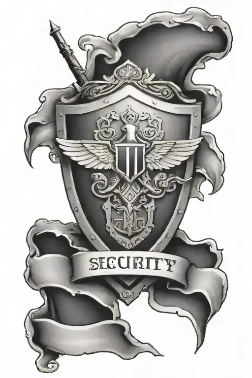 A black-grey tattoo of a security shield with biblical scriptures incorporated into the design tattoo design idea