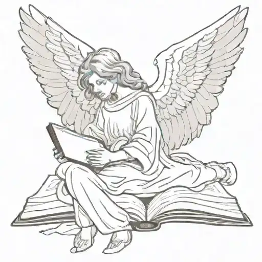 A sketch style tattoo of a guardian angel protecting a person reading the Bible tattoo design idea