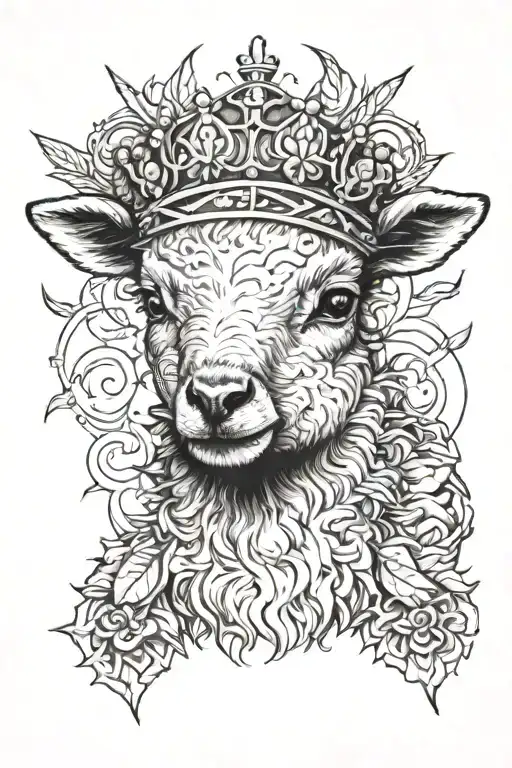 A detailed blackwork tattoo of a baby lamb wearing a crown of thorns tattoo design idea