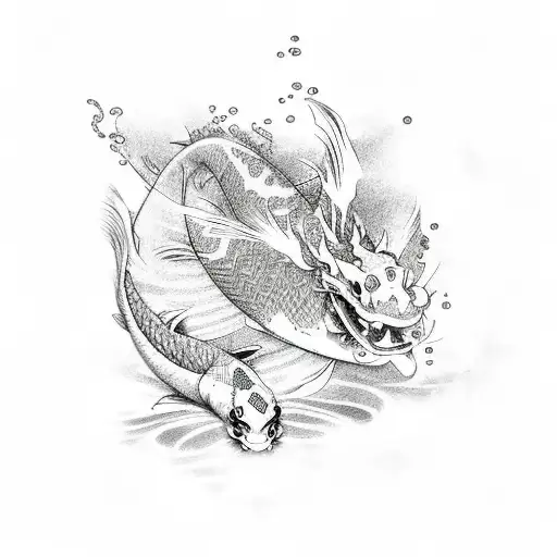 koi fish swimming in water that turns into a Japanese dragon wrapping around a cherry blossom  tattoo design idea