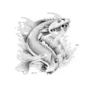koi fish swimming in water that turns into a Japanese dragon wrapping around a cherry blossom  tattoo design idea