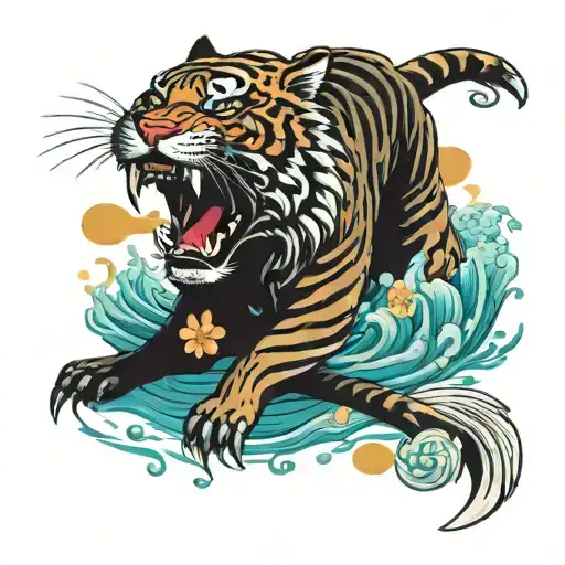 flowers sunset water tiger with ingot holding in tattoo design idea