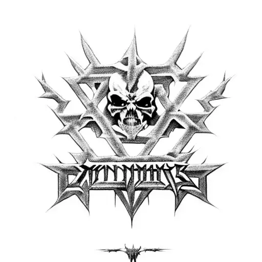 Incorporate elements of Metallica, Slayer, and Megadeth logos into a dark and mysterious graveyard scene, with emphasis on texture and depth tattoo design idea