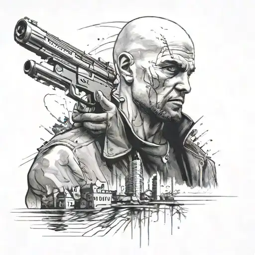 A detailed portrait of a hitman with a hidden outdoor scene in the background tattoo design idea