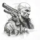 A detailed portrait of a hitman with a hidden outdoor scene in the background tattoo design idea