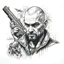A detailed portrait of a hitman with a hidden outdoor scene in the background tattoo design idea