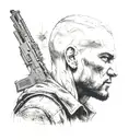 A detailed portrait of a hitman with a hidden outdoor scene in the background tattoo design idea