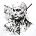 A detailed portrait of a hitman with a hidden outdoor scene in the background tattoo design idea