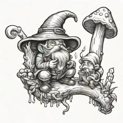 mushrooms and gnome smoking a pipe tattoo design idea