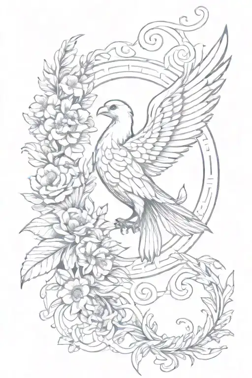 small phoenix, arrow, flower lili, circle, olive branch, Celtic knot, feather, anchor. tattoo design idea