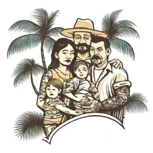 parents in between son behind coconut tree tattoo design idea